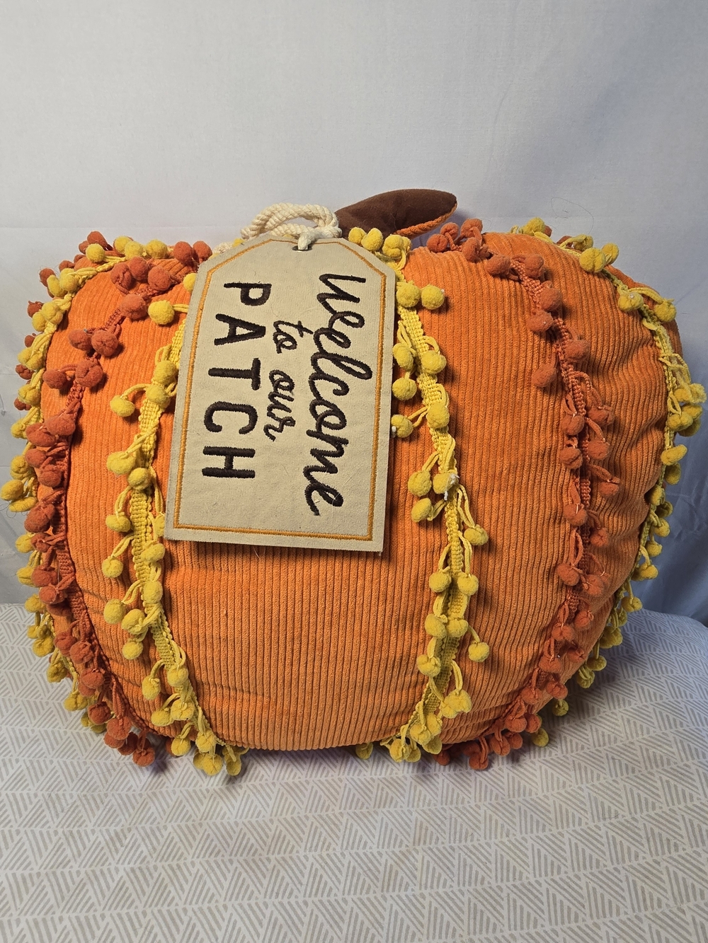 Throw Pillow Pumpkin Orange Corduroy Appliqued Trim Fall Autumn
